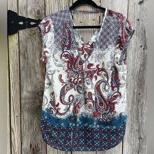 DR2 Red White Blue Paisley V neck Top Blouse Women’s Medium